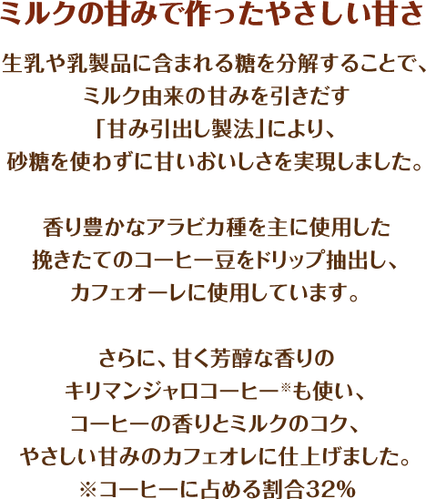ミルクの甘みで作ったやさしい甘さ 生乳や乳製品に含まれる糖を分解することで、ミルク由来の甘みを引きだす「甘み引出し製法」により、砂糖を使わずに甘いおいしさを実現しました。香り豊かなアラビカ種を主に使用した挽きたてのコーヒー豆をドリップ抽出し、カフェオーレに使用しています。さらに、甘く芳醇な香りのキリマンジャロコーヒー※も使い、コーヒーの香りとミルクのコク、やさしい甘みのカフェオレに仕上げました。※コーヒーに占める割合32%