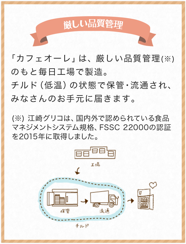 厳しい品質管理 「カフェオーレ」は、厳しい品質管理（※）のもと毎日工場で製造。チルド（低温）の状態で保管・流通され、みなさんのお手元に届きます。 （※）江崎グリコは、国内外で認められている食品マネジメントシステム規格、FSSC 22000の認証を2015年に取得しました。